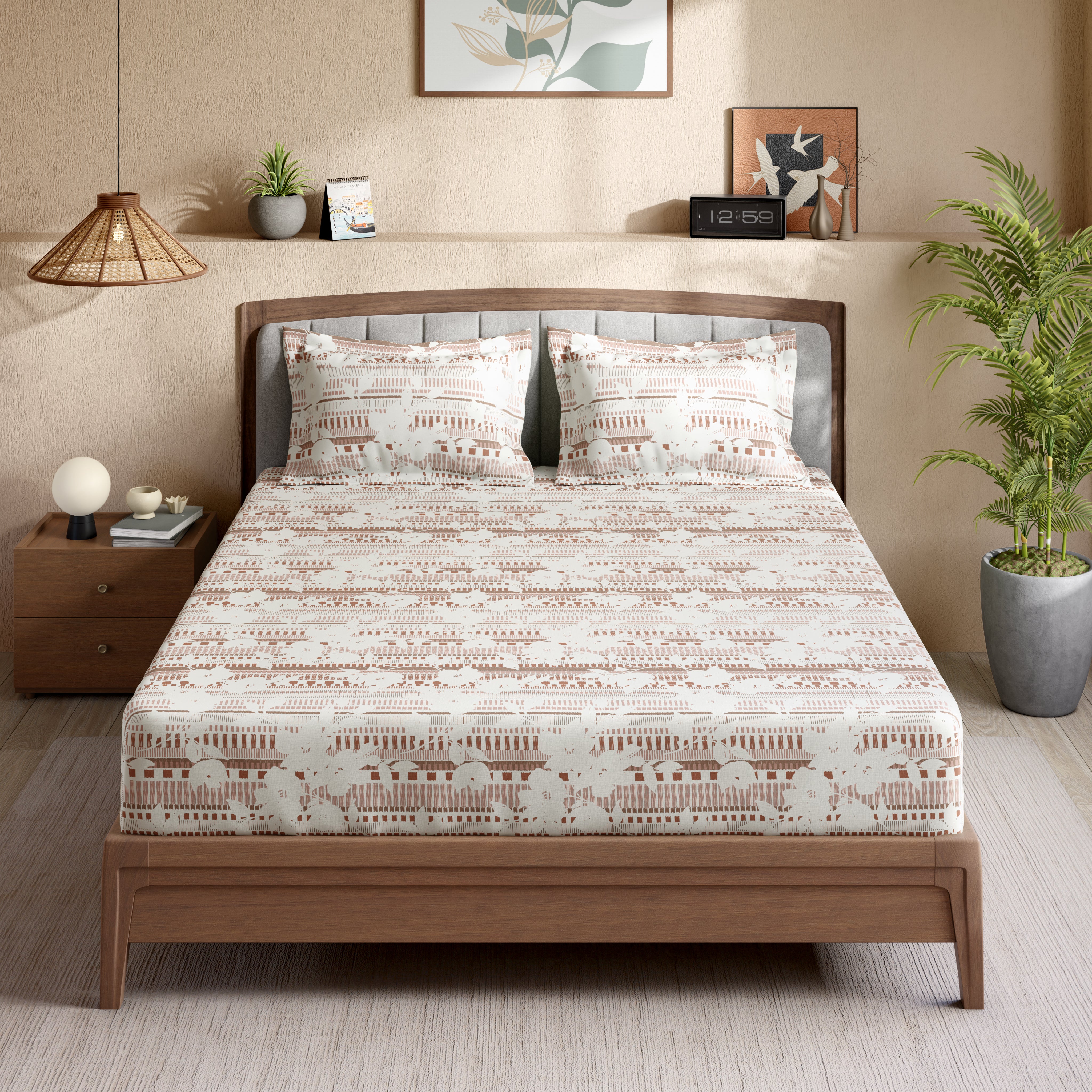 Swaas 100% Pure Cotton Linea Bloom 200 TC Fitted Sheet Set - Rust
