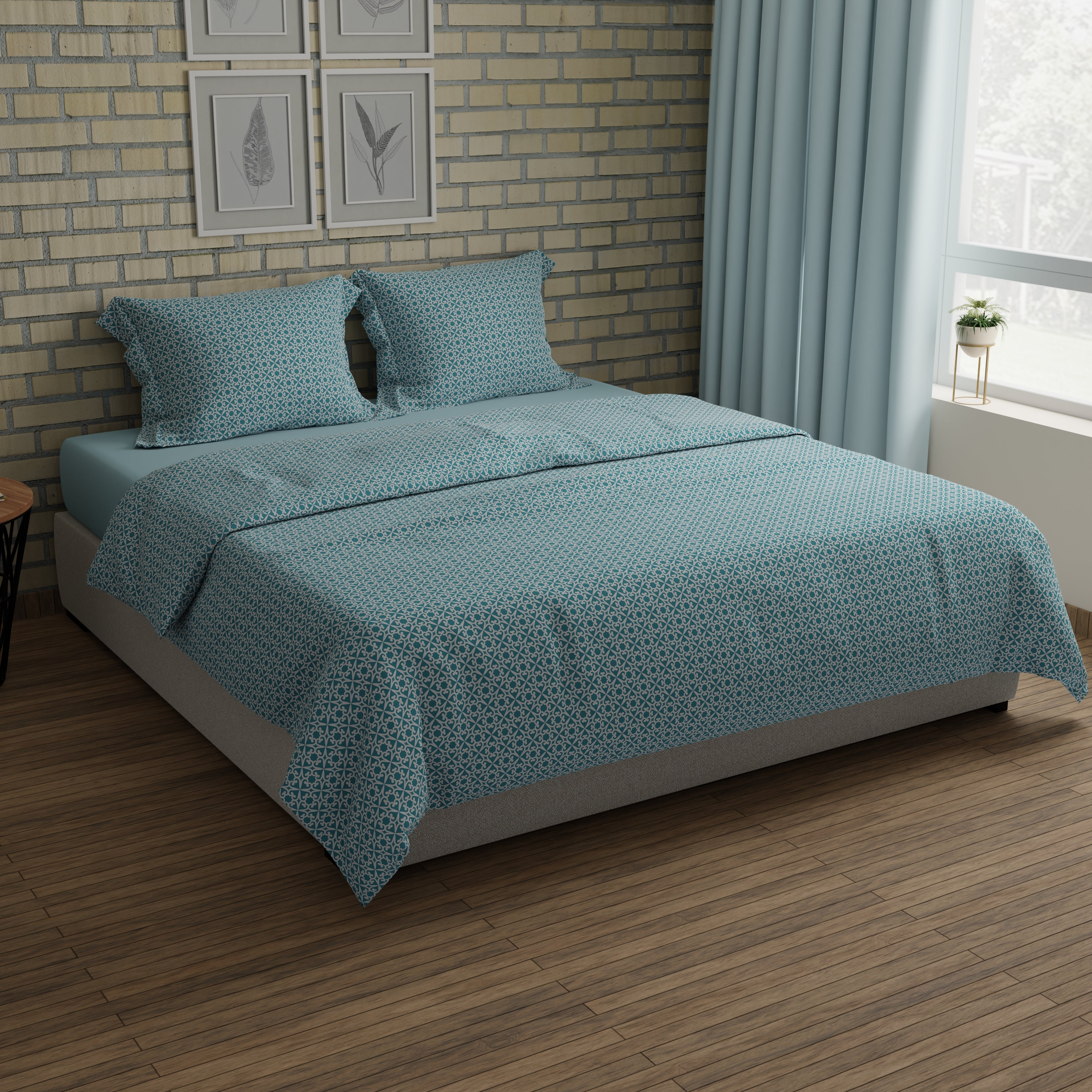 200 TC 100% Pure Cotton Floraline Dynamics Blue Bedsheet Set