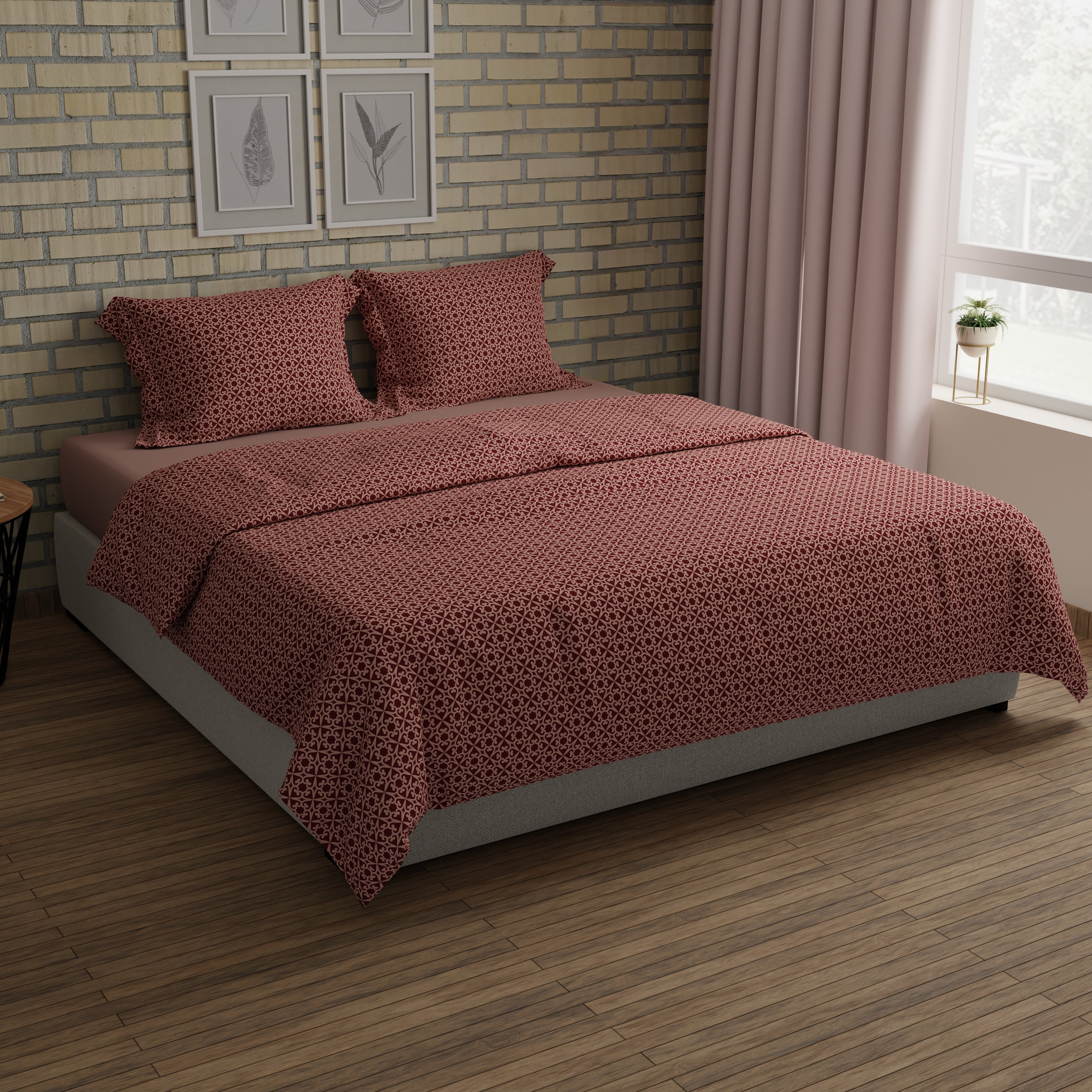 200 TC 100% Pure Cotton Floraline Dynamics Burgundy Bedsheet Set