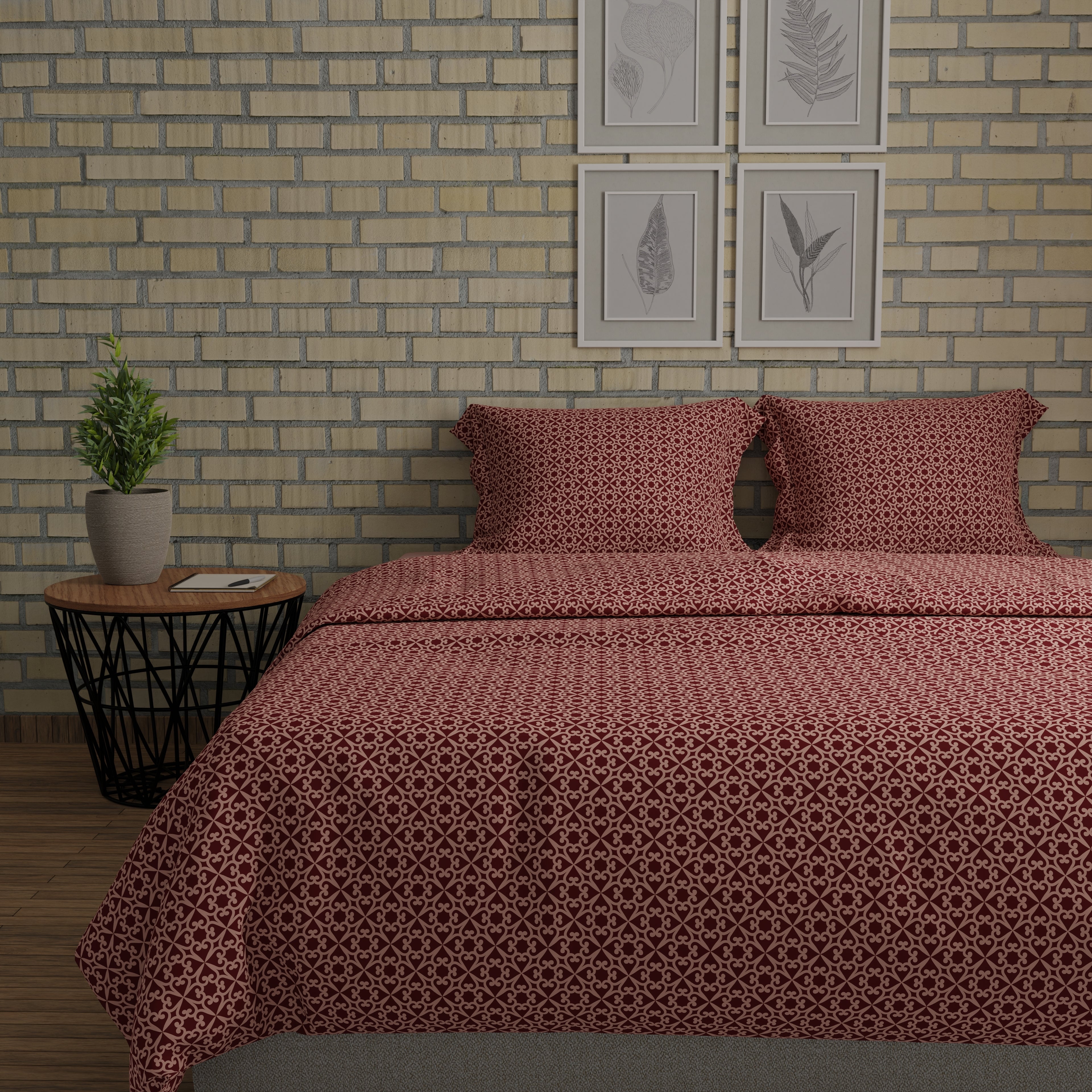 200 TC 100% Pure Cotton Floraline Dynamics Burgundy Bedsheet Set