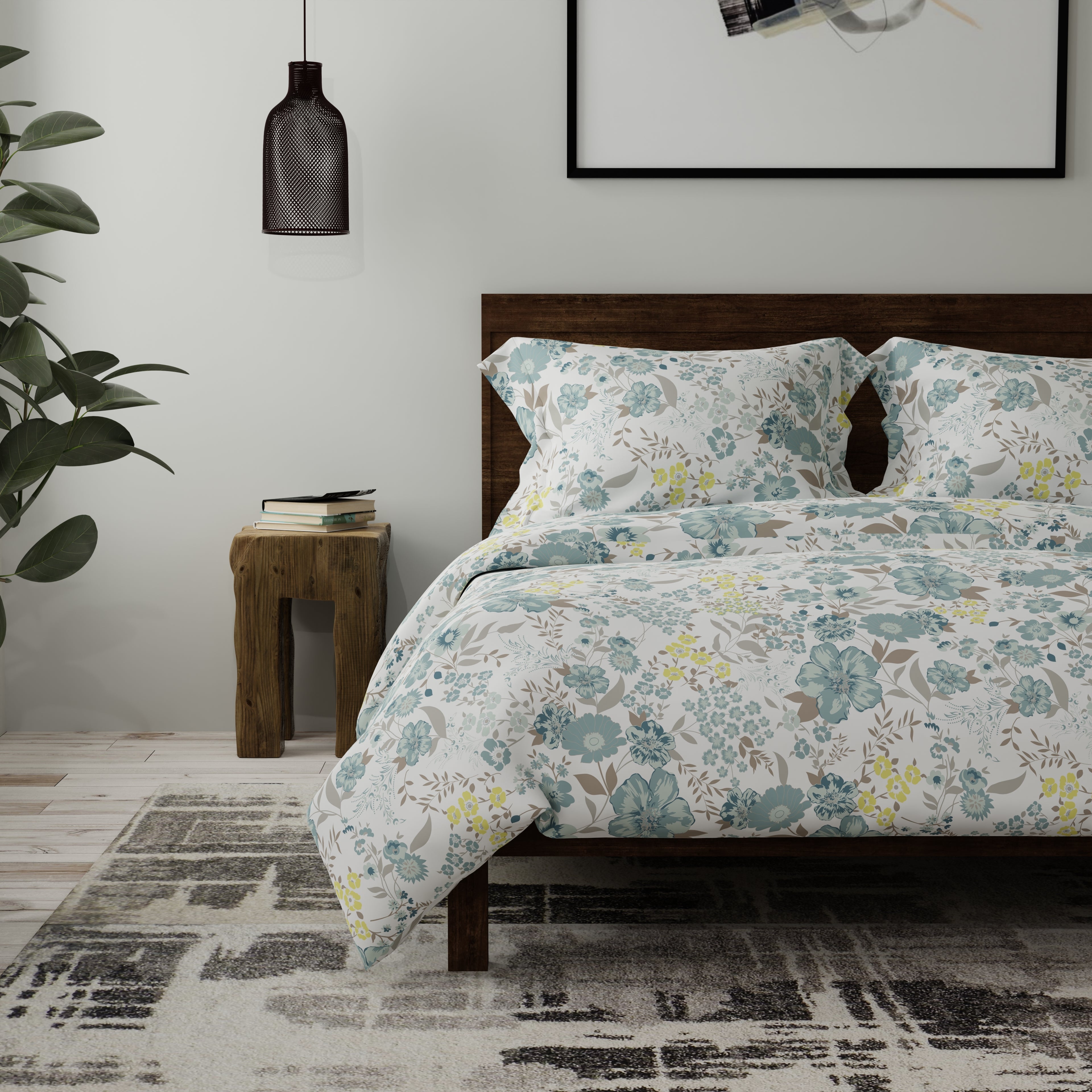 200 TC 100% Pure Cotton Garden Gala Blue Bedsheet Set