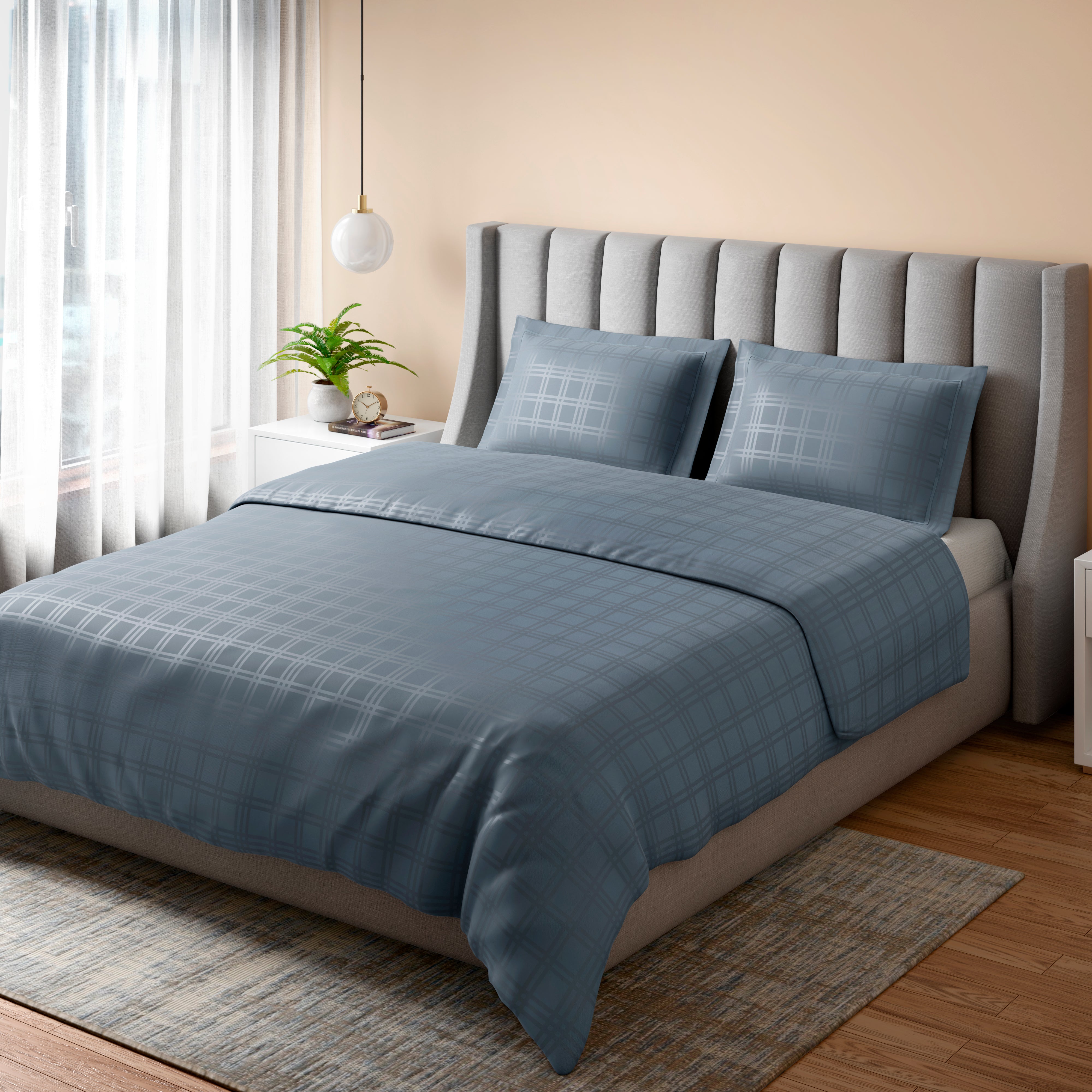 400 TC 100% Cotton Checks Blue Bedsheet Set