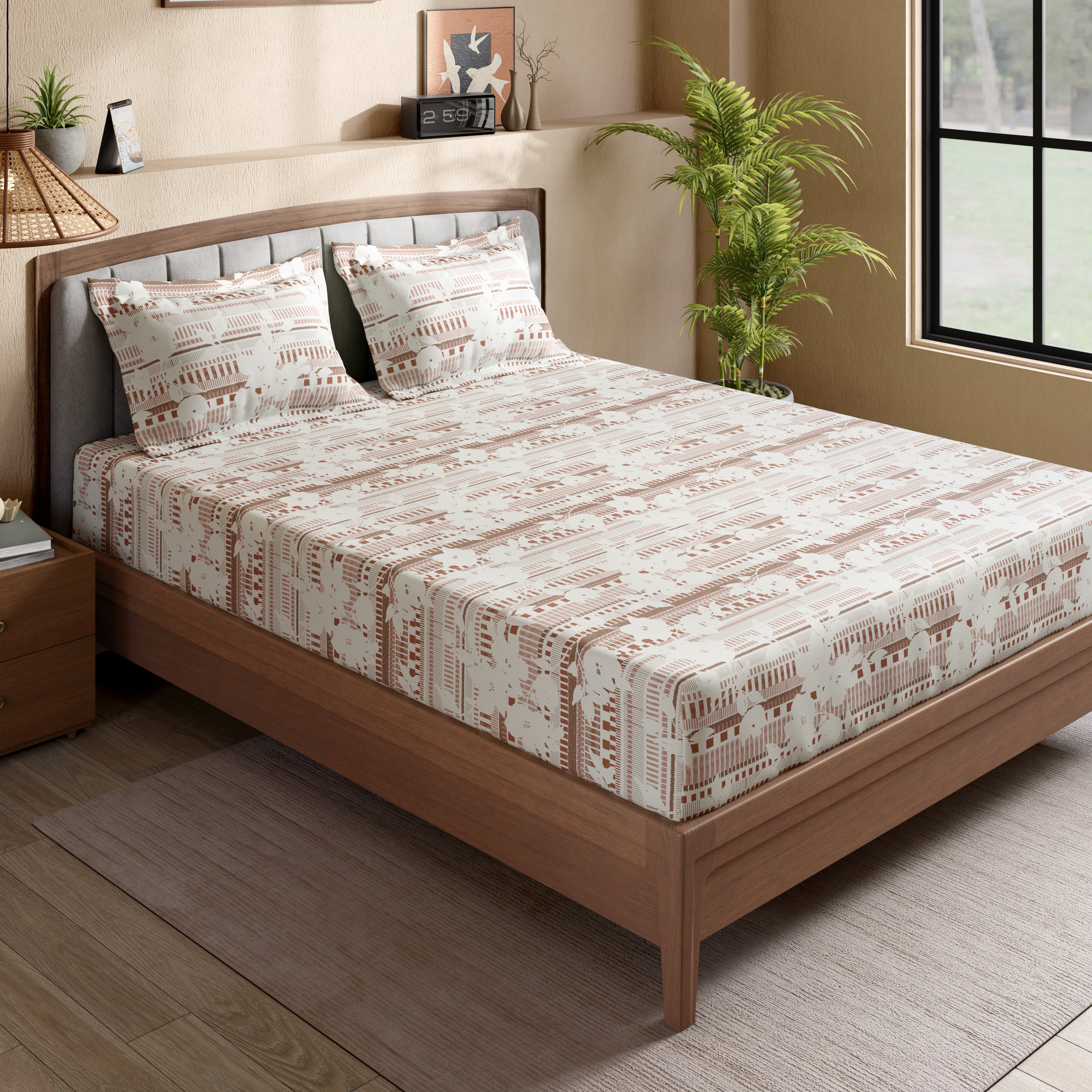 Swaas 100% Pure Cotton Linea Bloom 200 TC Fitted Sheet Set - Rust