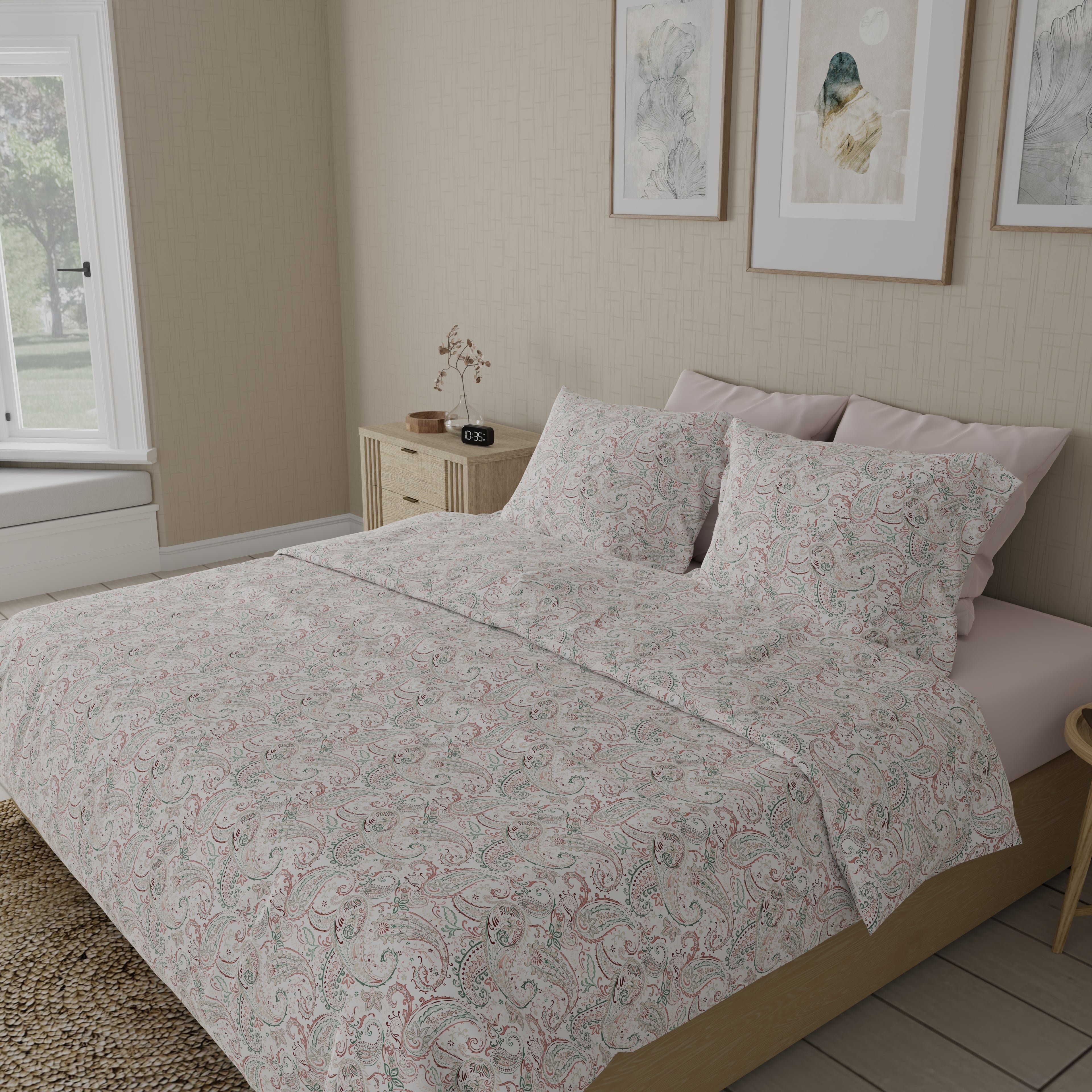 300 TC 100% Pure Cotton Paisley Paradise White-Pink Bedsheet Set