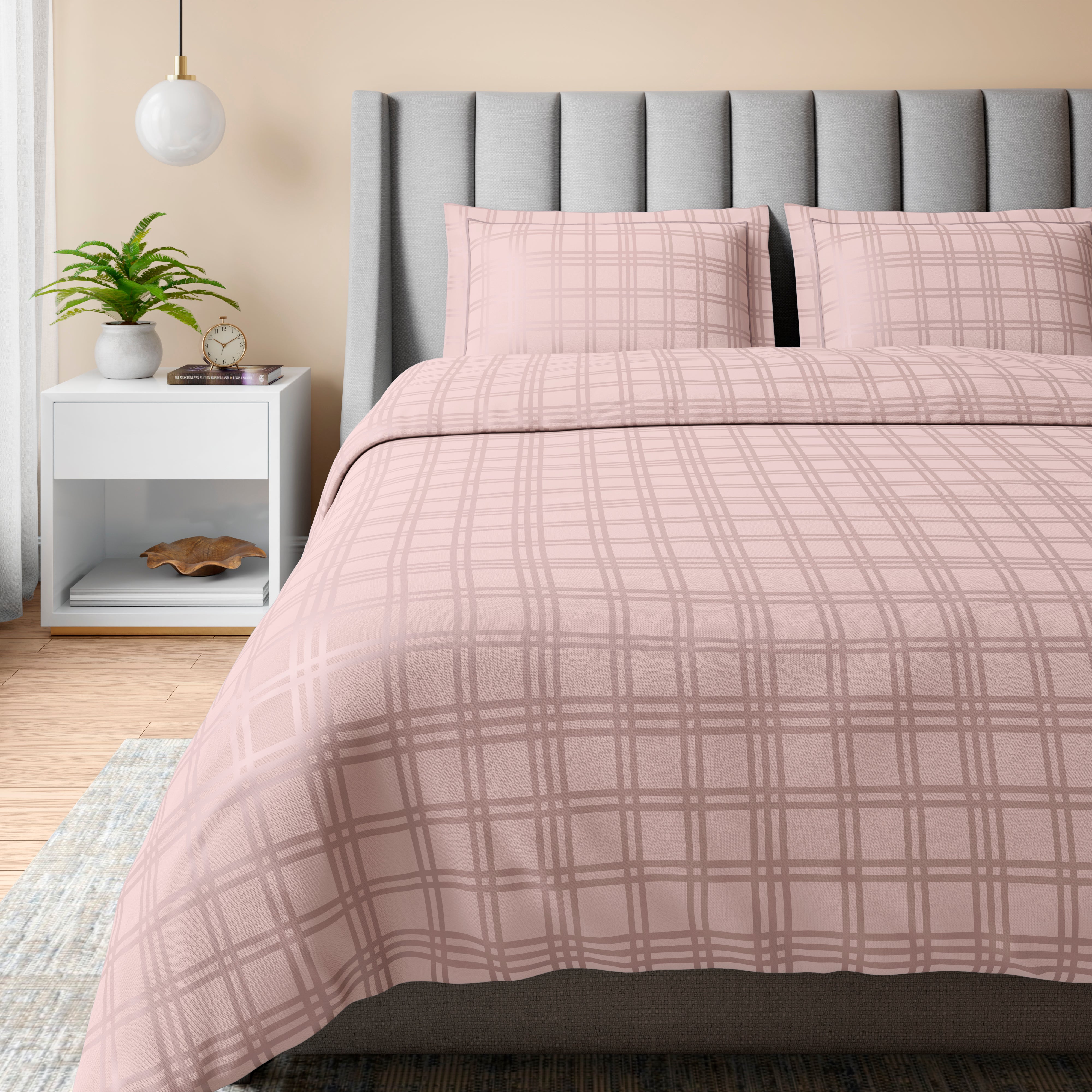 400 TC 100% Cotton Checks Pink Bedsheet Set